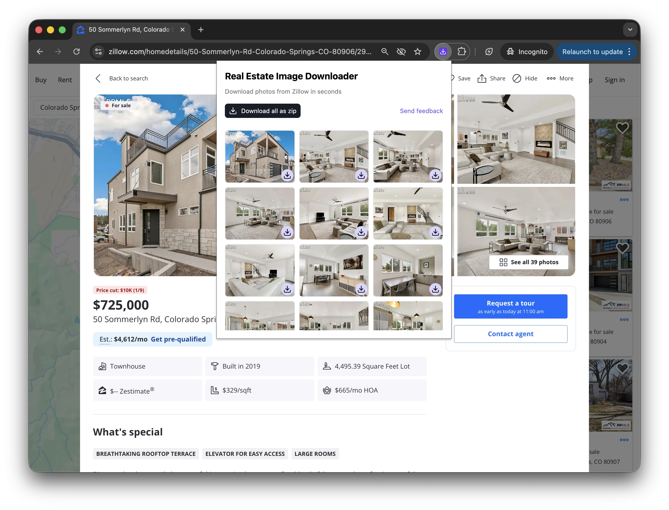 Real Estate Image Downloader extension used on a Zillow listing