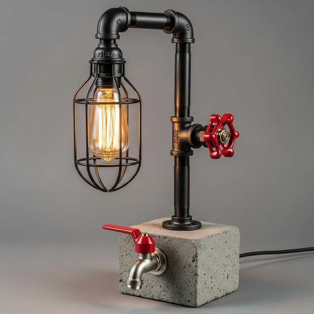 A bedside table lamp constructed from a network of interconnected matte black iron pipes and fittings. An exposed, vintage-style Edison bulb with a glowing spiral filament is housed within a simple wire cage, casting a warm, ambient light. The lamp's base is a solid block of rough, unfinished concrete, and a prominent red faucet handle serves as the rotary dimmer switch.