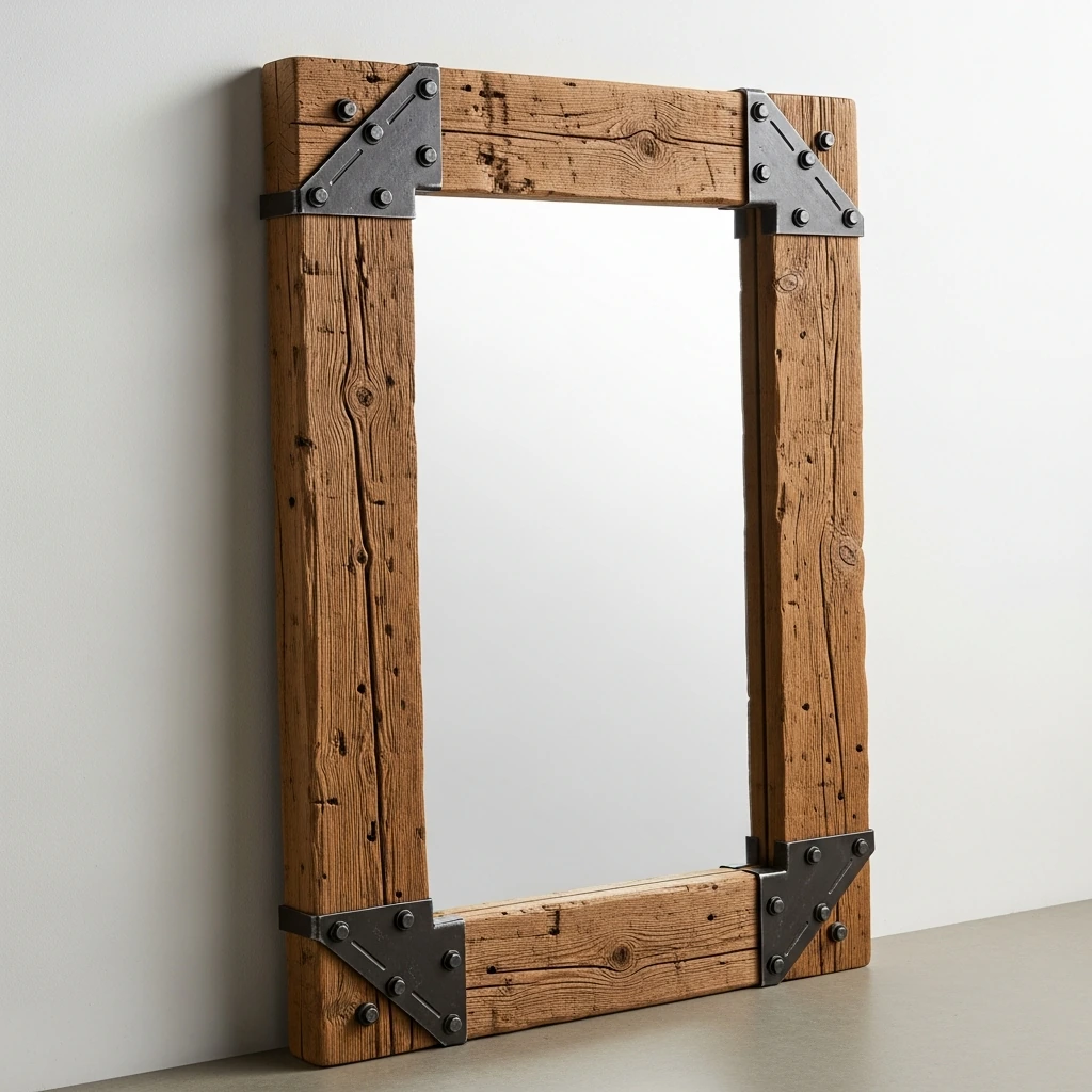 A large, full-length mirror leaning against a wall, framed with heavy, reclaimed wooden beams that show the grain, knots, and imperfections of their past life. The corners of the frame are reinforced with riveted, dark steel angle brackets and large, exposed hex bolts, adding a raw, structural honesty to the piece.