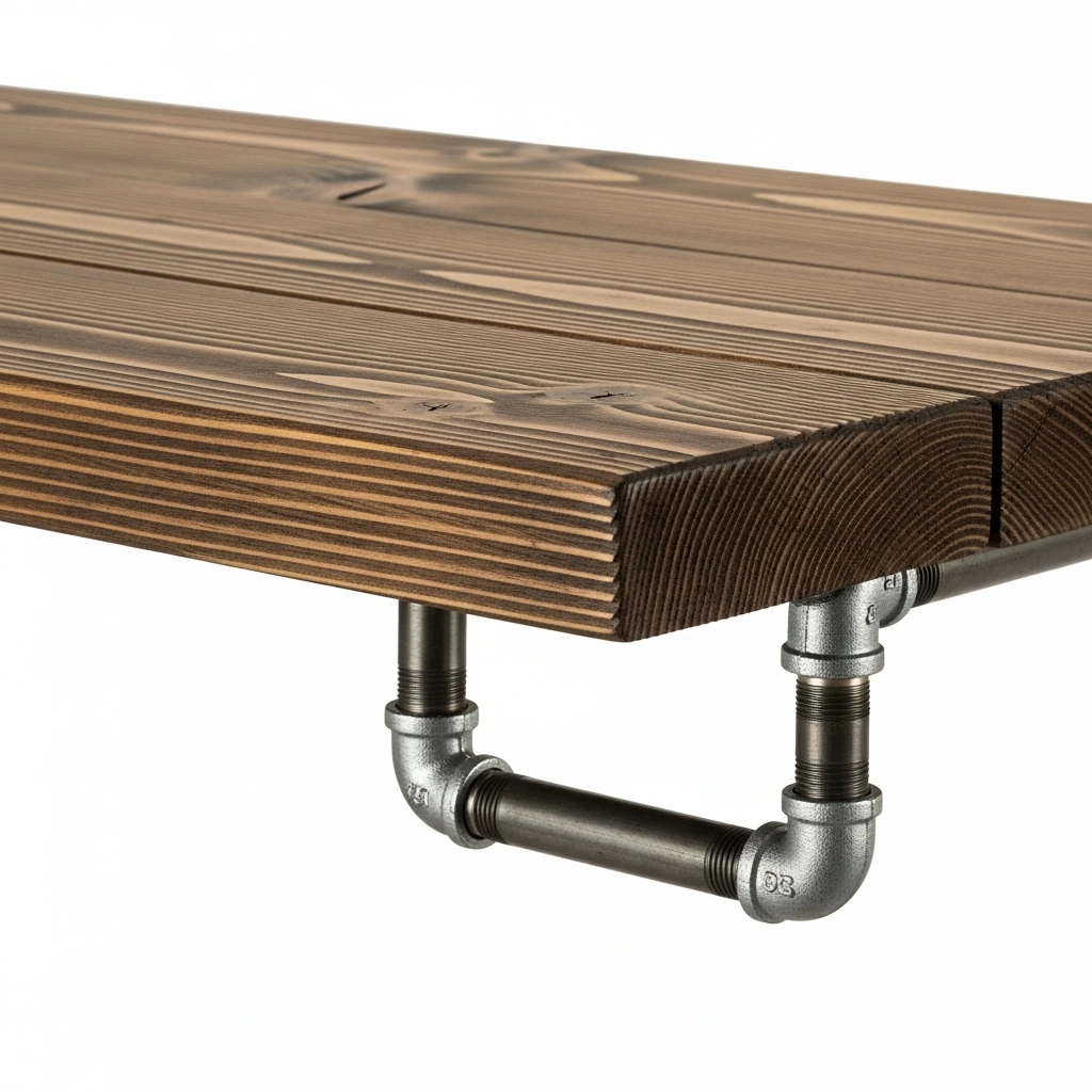 A floating wall shelf unit made from thick planks of dark-stained, rough-hewn pine wood, suspended between two industrial pipe brackets. The galvanized steel pipes are secured to the wall with heavy-duty flanges, and the visible threads and elbow joints are left exposed, emphasizing the utilitarian aesthetic.