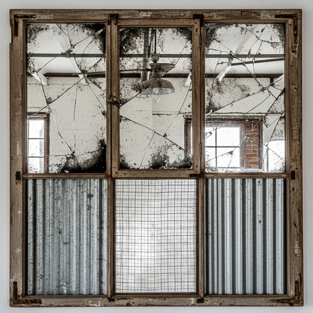 A statement art piece for the wall above the bed, created from a salvaged, antique factory window frame with multiple panes. Some of the glass panes are replaced with distressed mirrors, sheets of corrugated metal, and wire mesh, creating a textured, multi-material collage that plays with light and reflection.