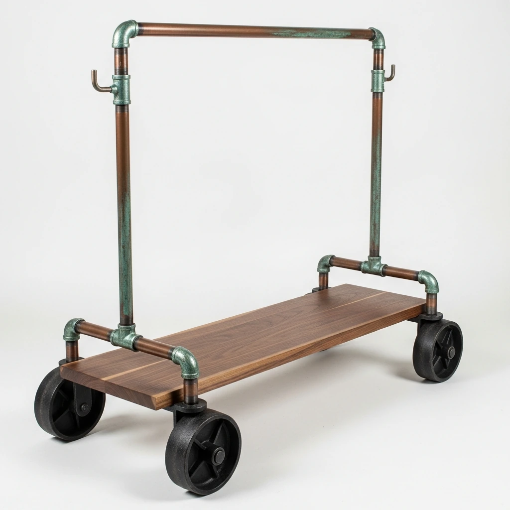 An open-concept clothing rack built from a freestanding frame of thick copper pipes that have developed a natural, rich patina. The rack features a solid walnut wood plank as a bottom shelf for shoes and is mounted on four oversized, black iron casters, making it a functional and mobile decorative element.