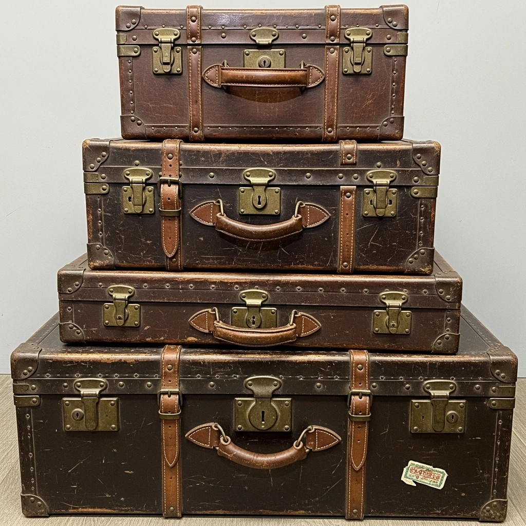 A set of three decorative storage trunks stacked to serve as a nightstand or an accent piece in a corner. The trunks are made of aged, dark brown leather and dark wood, reinforced with metal straps and brass studs. They feature authentic scuffs and travel marks, evoking a sense of history and journey.
