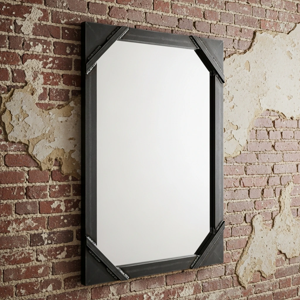 A large, rectangular full-length mirror leaning against a distressed brick wall. The frame is constructed from thick, welded, blackened steel with visible, unpolished welds at the corners, giving it a raw, fabricated aesthetic. The glass is pristine, creating a stark contrast with its rugged frame.