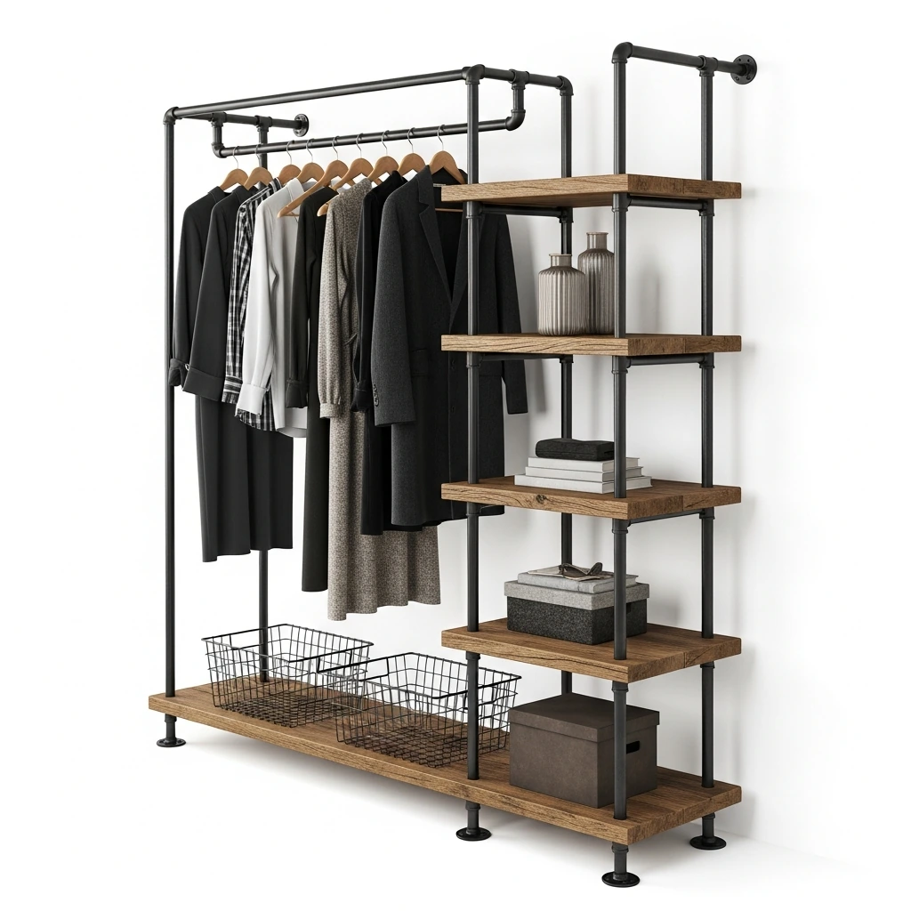An open-wardrobe system made from industrial black steel pipes and fittings. It features a high rail for hanging clothes and several staggered shelves made of reclaimed, rough-hewn dark oak wood. A few wire-frame baskets on the lower shelves hold folded items, combining functionality with a raw, warehouse feel.