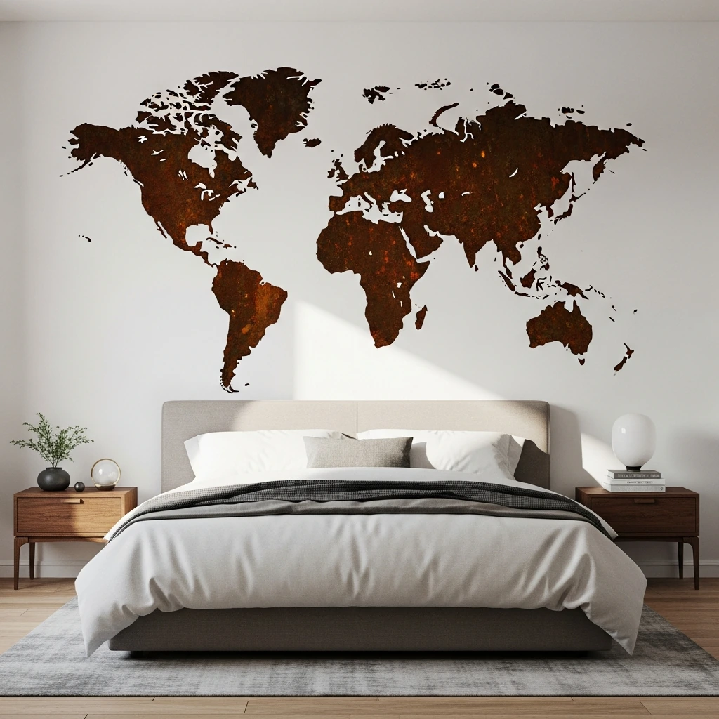 A piece of oversized wall art hanging above the headboard. It's a stylized, laser-cut metal world map made from a sheet of weathered Corten steel, showing a beautiful, stable rust patina. The map is mounted with a slight gap from the wall, creating a subtle drop shadow that gives it depth and presence.