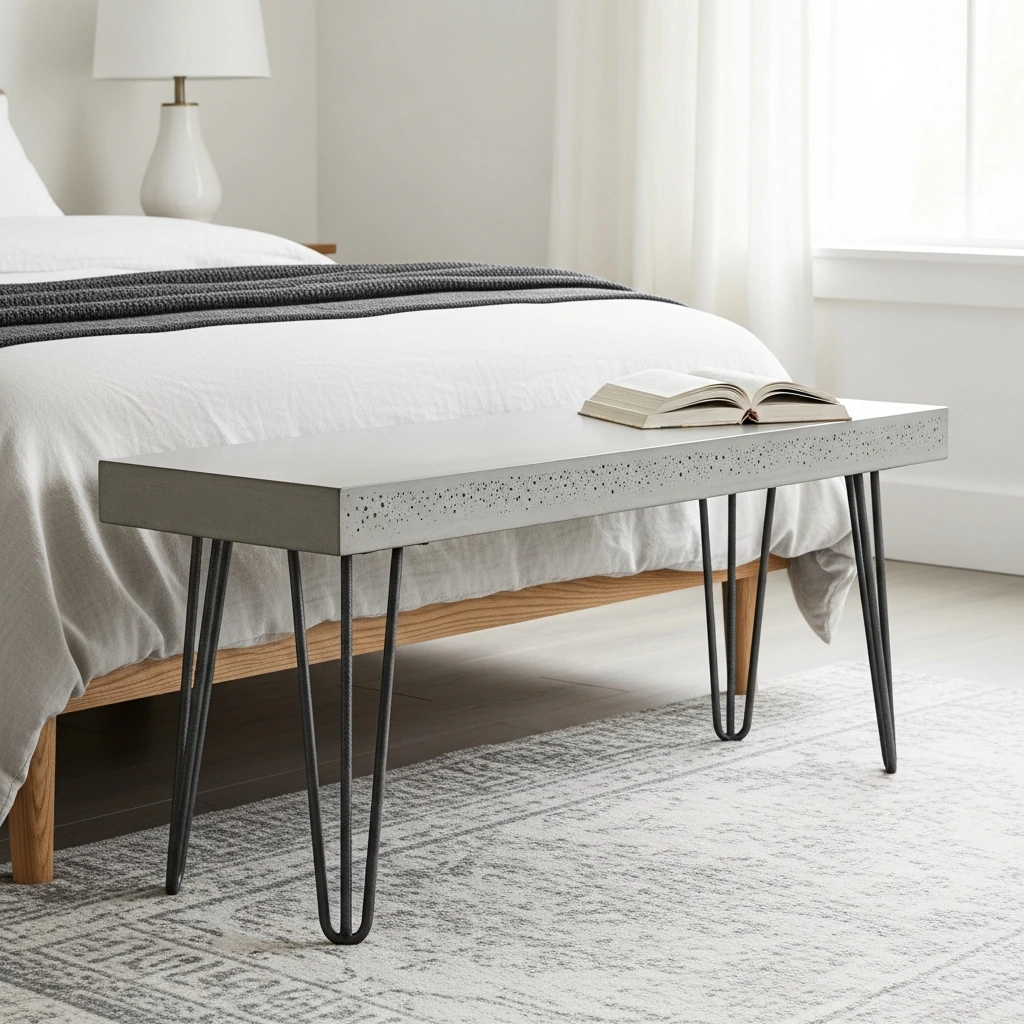A low-profile bench at the foot of the bed. The top is a single thick slab of polished concrete with natural imperfections and a smooth, cool surface. The legs are hairpin-style, made from raw, heavy-duty rebar, providing a simple yet sturdy industrial support.