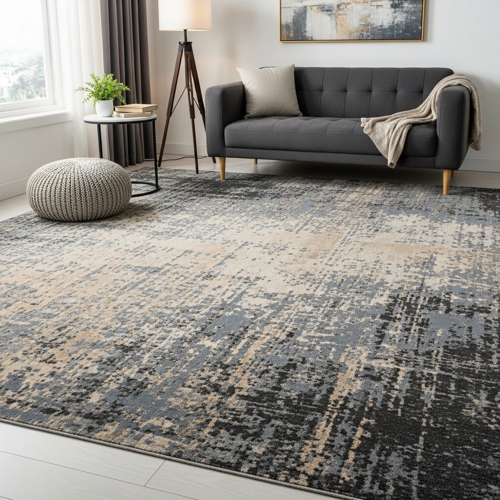 A large, low-pile area rug with a faded, abstract pattern resembling weathered concrete or a distressed vintage blueprint. The color palette is muted, featuring shades of charcoal, slate grey, and hints of beige, adding a layer of texture and softness to the room without compromising the industrial style.