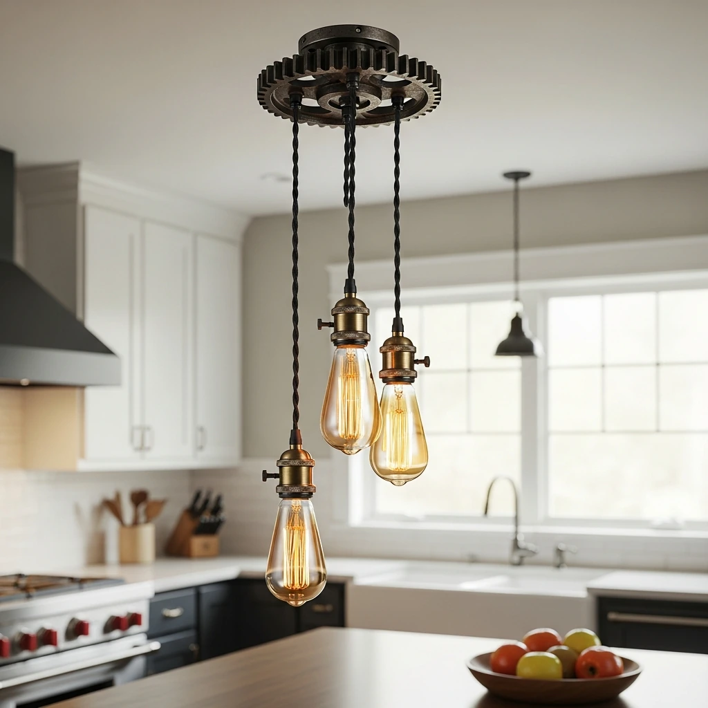A striking industrial pendant light fixture hanging over a kitchen island. It features a repurposed steel gear as its central mounting point, from which three black, fabric-covered cords of varying lengths descend. Each cord ends in a brass socket holding a large, clear Edison bulb with a visible, glowing squirrel-cage filament. The entire fixture has a raw, unpolished finish, with subtle welding marks visible on the gear.