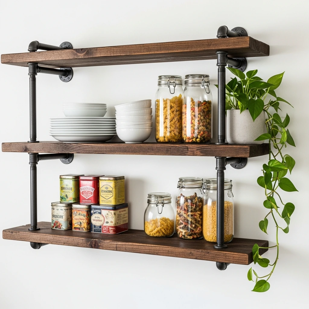 An open shelving unit constructed from black iron pipes and reclaimed barn wood. The shelves are thick, weathered planks with a dark stain, showcasing natural grain and imperfections. They are laden with a curated mix of functional items: heavy white ceramic plates, clear glass jars filled with pasta and grains, a small collection of vintage tin spice containers, and a single trailing pothos plant in a simple concrete pot.