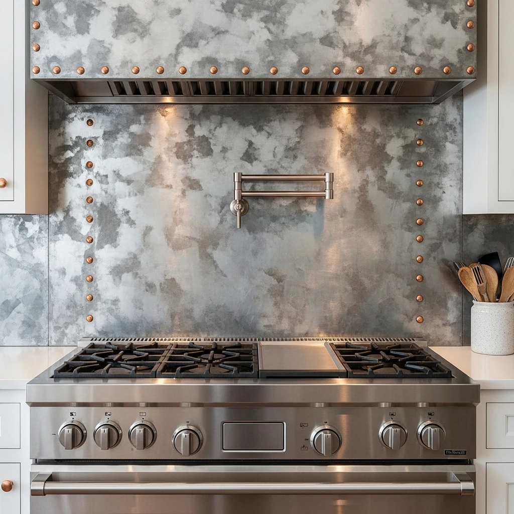 A unique backsplash created from a large sheet of distressed, aged zinc metal installed behind a gas range. The surface has a mottled, cloudy patina with shades of gray and blue, and is detailed with a grid of exposed, round-head copper rivets along its edges. The metal reflects the ambient light with a soft, matte sheen, contrasting with the stainless steel of the stove.