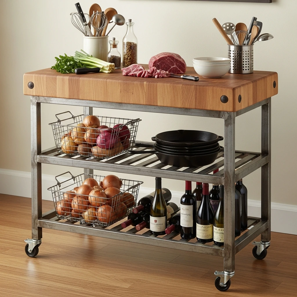A rolling kitchen cart made from a welded raw steel frame with visible, un-ground welds for a rugged look. The top surface is a thick, end-grain butcher block showing knife marks from use. Below, two slatted metal shelves hold wire baskets filled with potatoes and onions, a stack of cast-iron skillets, and a selection of wine bottles on their sides.