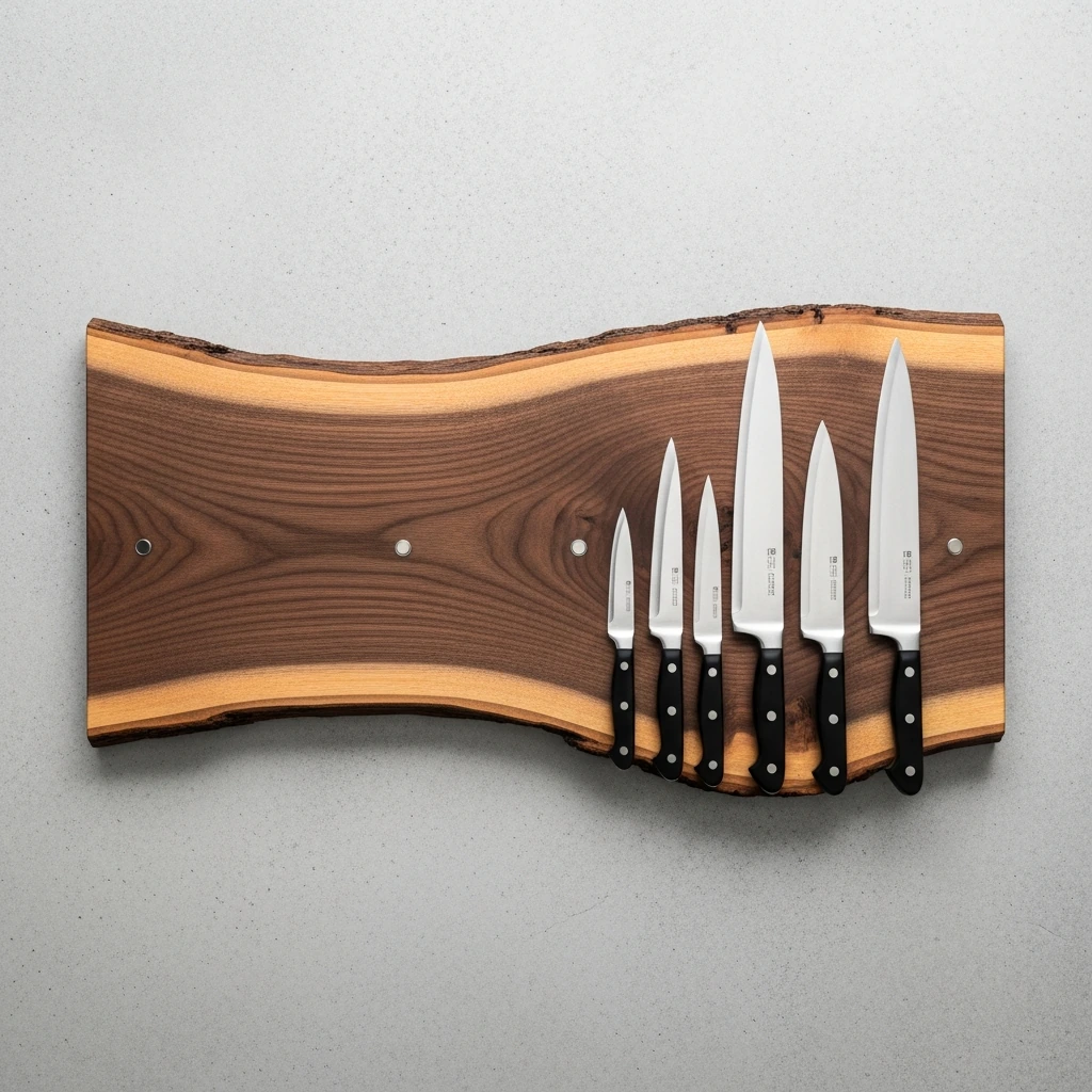 A wall-mounted magnetic knife rack made from a solid piece of salvaged walnut wood with a live edge. The wood has a rich, dark color and a beautiful, irregular grain pattern. Powerful magnets are embedded within the wood, holding a set of professional-grade chef's knives with black handles and gleaming steel blades. The rack is mounted against a smooth, gray concrete wall.