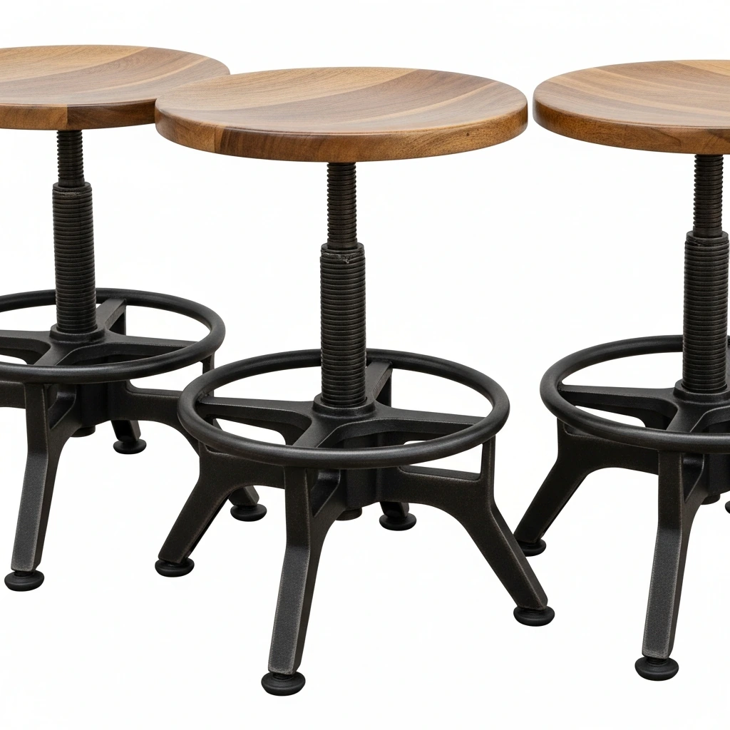 A set of three industrial-style bar stools tucked under a breakfast counter. The stools have solid, circular seats carved from dark mango wood, with a slightly concave top for comfort. The adjustable-height base is made of heavy, cast iron with a screw mechanism, and features a circular footrest. The iron has a slightly rusted, sealed patina, giving the stools an authentic vintage factory appearance.