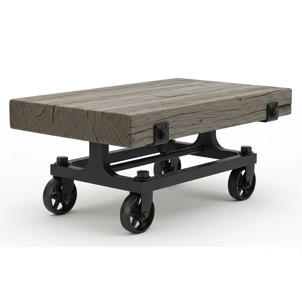 A low-profile, rectangular coffee table crafted from thick, reclaimed oak planks with a heavily distressed, weathered gray finish. The wood surface shows natural knots, grain patterns, and saw marks. The table is supported by a robust, matte black cast iron base featuring large, functional spoked wheels at each corner, reminiscent of an old factory cart. Exposed, oversized hex bolts secure the wooden top to the metal frame, adding to its raw, utilitarian appeal.