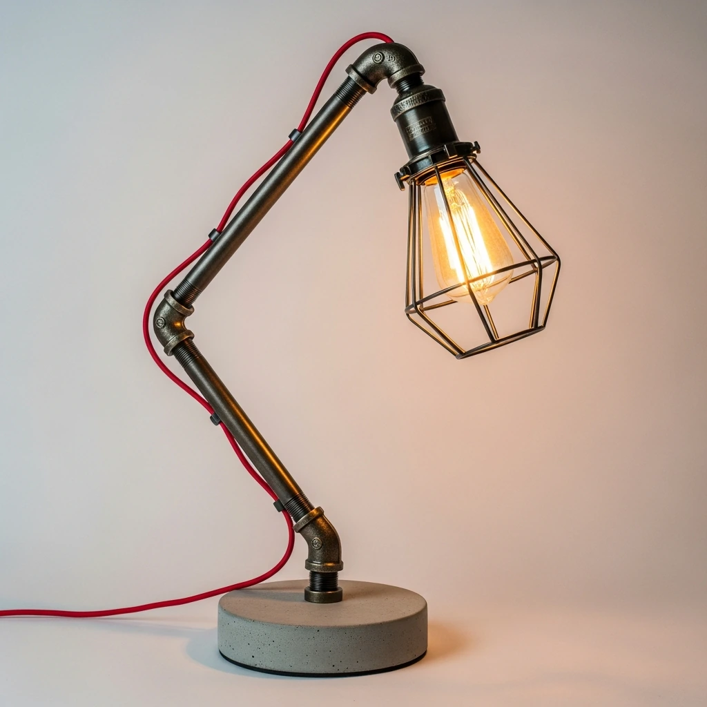 An industrial-style arc floor lamp with a heavy, circular base of rough, unpolished concrete. A slender, articulating arm made of dark, oil-rubbed bronze pipes extends upwards and curves over, ending in an exposed Edison-style filament bulb housed within a simple, open-wire cage shade. The red fabric-covered cord is intentionally visible, snaking along the pipe structure, adding a pop of color and an element of deconstructed design.
