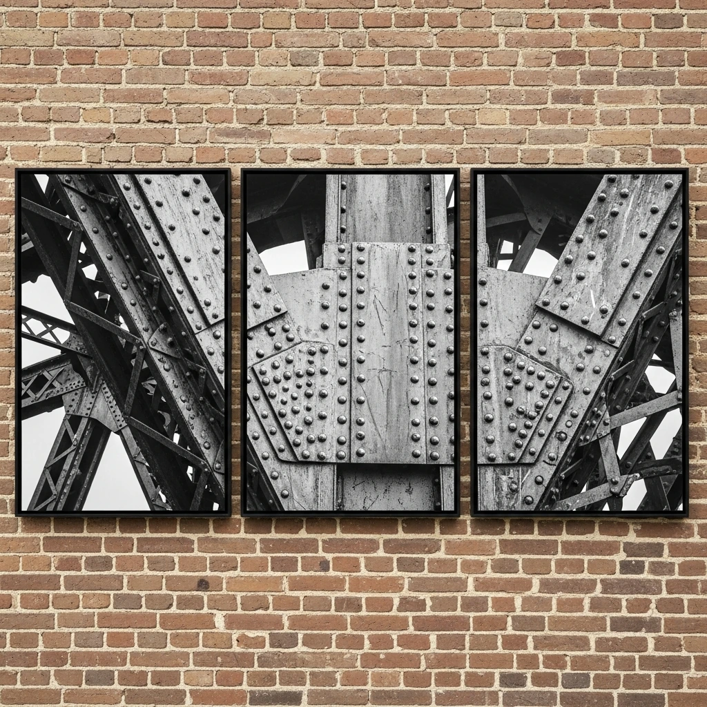 A large-scale triptych of black and white architectural photographs depicting close-up details of a historic bridge's steel trusses and rivets. The images are high-contrast, emphasizing texture and form. Each photograph is printed on matte paper and framed in a simple, thin, welded black steel frame with visible, un-ground welds at the corners, giving it a raw, handmade quality. The three panels are hung closely together on an exposed brick wall.