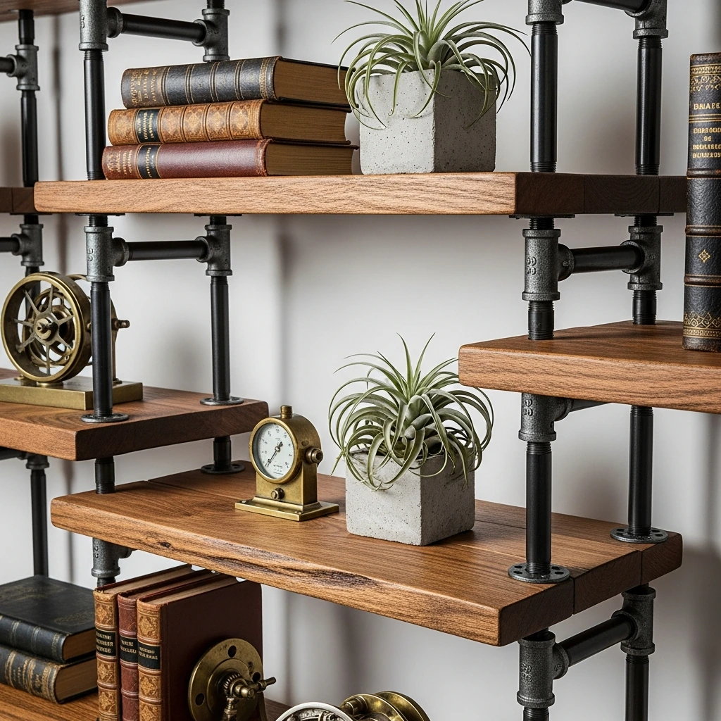 A tall, open-backed shelving unit constructed from a network of interconnected black iron water pipes and fittings. Five thick, rough-sawn mango wood shelves are set at varying heights within the pipe frame, creating an asymmetrical and dynamic composition. The wood has a dark, warm stain that contrasts with the cool, matte black of the metal. The unit is styled with a mix of vintage leather-bound books, small concrete planters with air plants, and a few antique brass mechanical objects.