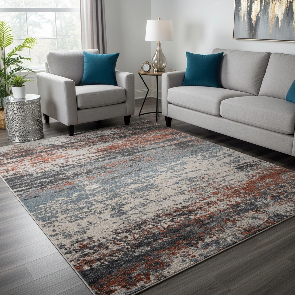 An oversized, low-pile area rug featuring a faded, abstract pattern that mimics the appearance of weathered concrete or distressed metal. The color palette is a sophisticated blend of charcoal gray, slate blue, and hints of ochre rust, creating a subtle yet complex visual texture. The edges are finished with a simple serged stitch, maintaining a clean, unpretentious look that grounds the living room space without overwhelming it.