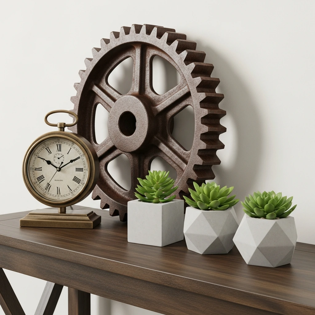 A curated collection of three decorative objects arranged on a dark wood console table. The centerpiece is a heavy, authentic-looking, rusted cast iron gear with large teeth, leaning against the wall. To its left sits a vintage-inspired tabletop clock with a weathered brass casing and an aged face with Roman numerals. To the right, a set of three small, geometric concrete planters in cube and dodecahedron shapes, each holding a different type of vibrant green succulent, providing a touch of organic life.