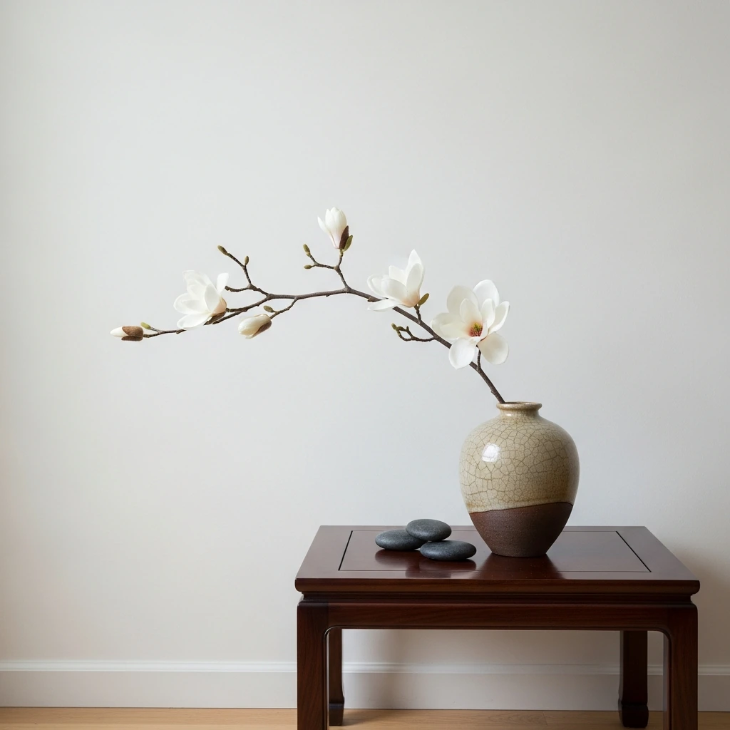 A minimalist ikebana arrangement on a low, dark lacquered wood side table. A single, gracefully arching branch of white magnolia blossoms extends from a rustic, earth-toned ceramic vase with a subtle crackle glaze. At the base, a few smooth, dark river stones are visible, emphasizing the principles of asymmetry and empty space.