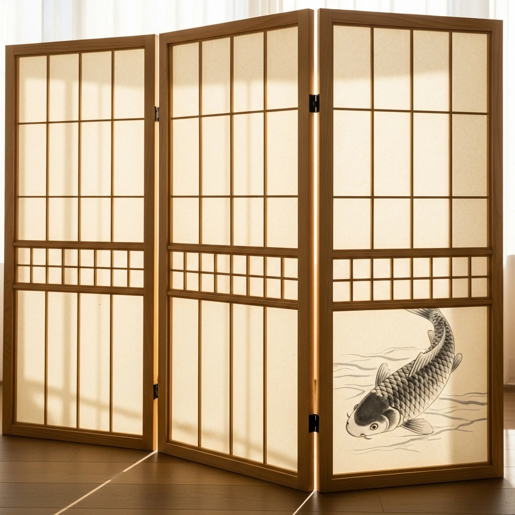 A four-panel folding shoji screen made from natural, light-grained hinoki wood. The delicate lattice grid holds translucent, fibrous washi paper that diffuses the soft morning light, casting gentle shadows across the room. The bottom section of one panel features a subtle, hand-painted ink wash rendering of a koi fish.