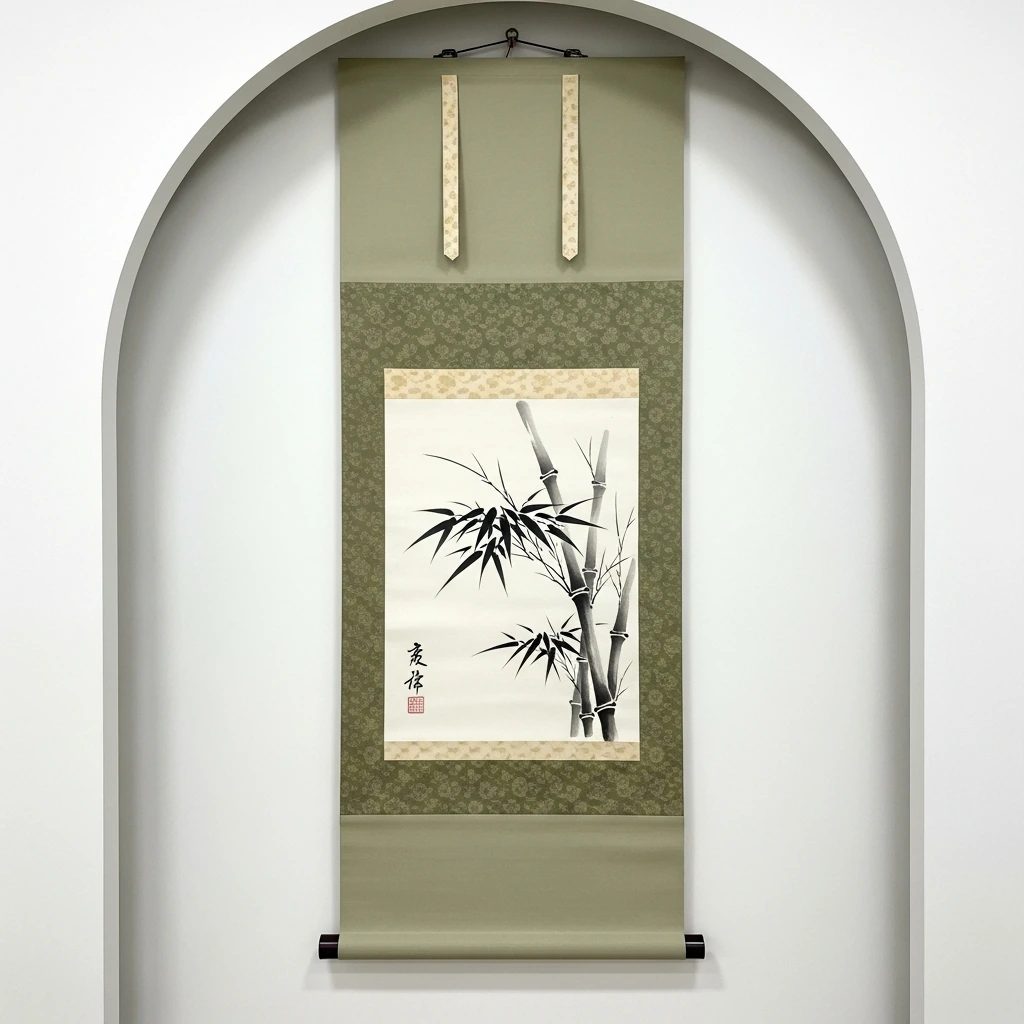 A wall-mounted kakejiku, or hanging scroll, displayed in an alcove. The scroll depicts a simple sumi-e painting of bamboo stalks swaying in the wind against a stark white background. The artwork is framed with a muted, moss-green silk brocade border and has dark, polished wood roller ends.