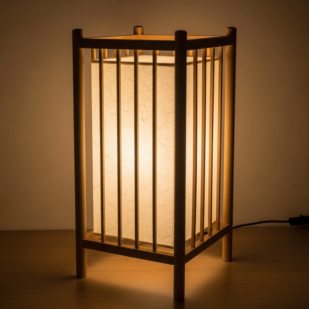 A traditional Andon floor lantern placed in a corner next to the bed. Its frame is crafted from thin strips of dark bamboo, and the shade is made of cream-colored washi paper. When lit from within, it casts a warm, soft, and inviting glow that highlights the paper's natural texture, creating a tranquil atmosphere.