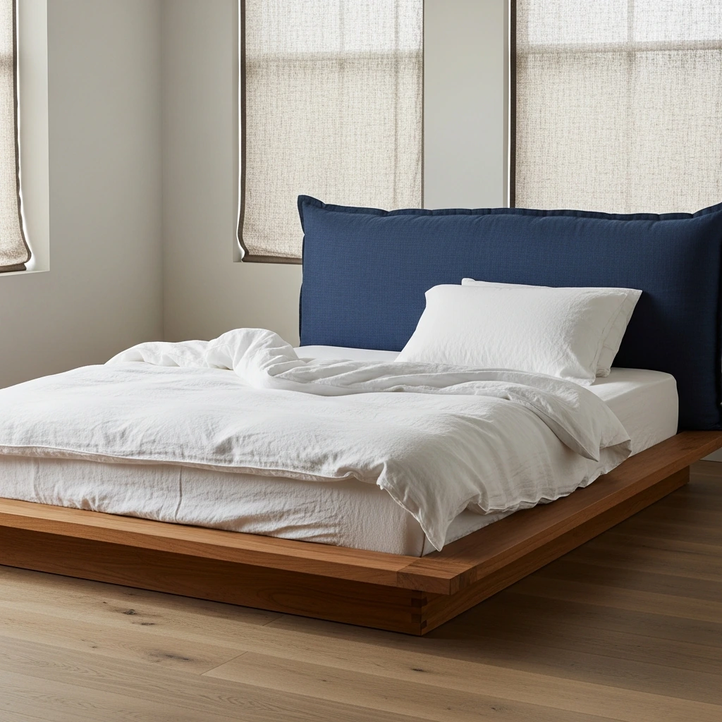 A low-profile platform bed made of solid teak wood with a natural, matte finish. The headboard is absent, replaced by a large, textured silk cushion in a deep indigo blue. The bedding is simple and layered, with unbleached linen sheets and a crisp white duvet, creating a sense of grounded simplicity and comfort.
