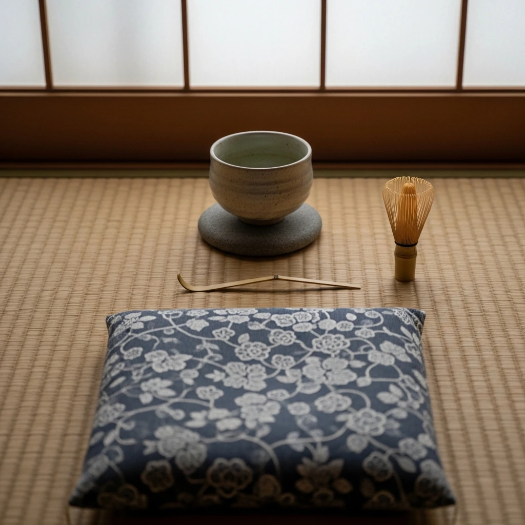In a corner of the room, two traditional tatami mats are laid on the wooden floor, creating a small, defined area for meditation or tea. On one mat sits a single, square zabuton floor cushion made of dark grey, woven cotton, inviting a moment of quiet reflection.