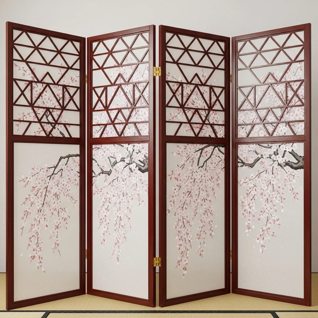 A handcrafted, four-panel shoji screen stands as a delicate room divider. The frame is made of dark, reddish-brown hinoki cypress wood with an intricate 'Asa-no-ha' (hemp leaf) kumiko lattice pattern. The translucent washi paper panels are hand-painted with a graceful, weeping cherry blossom branch that arcs across the bottom panels, its pale pink petals creating a romantic focal point as soft light filters through.