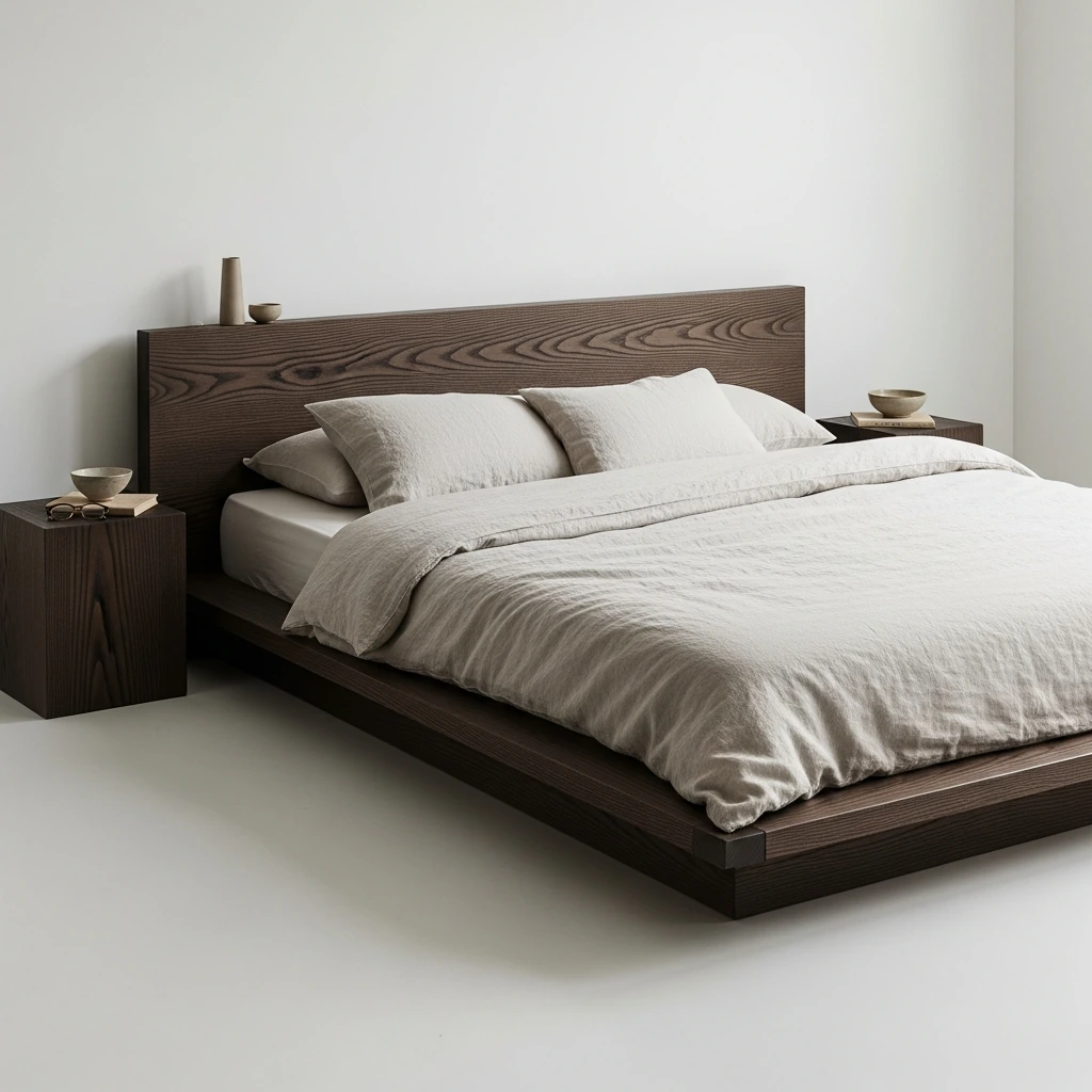 A minimalist, low-profile platform bed made from solid, dark-stained ash wood, showcasing its prominent grain. The frame extends slightly beyond the mattress, creating a neat tatami mat border. The headboard is a simple, low rectangular panel. The bed is dressed in high-quality, unbleached linen bedding in a natural oatmeal color, flanked by two small, block-like wooden nightstands, each holding a single, small ceramic bowl for trinkets.