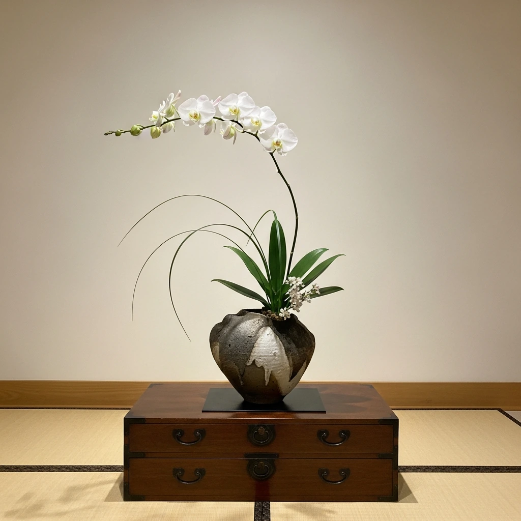 An elegant ikebana arrangement placed on a low tansu chest. The vase is a rustic, dark grey ceramic vessel with an unglazed, textured surface and an organic, irregular shape. From it, a single, dramatic branch of a white orchid with fully opened blossoms reaches upwards asymmetrically, complemented by a few long, curving blades of dark green grass at its base, embodying the wabi-sabi principle of imperfect beauty.