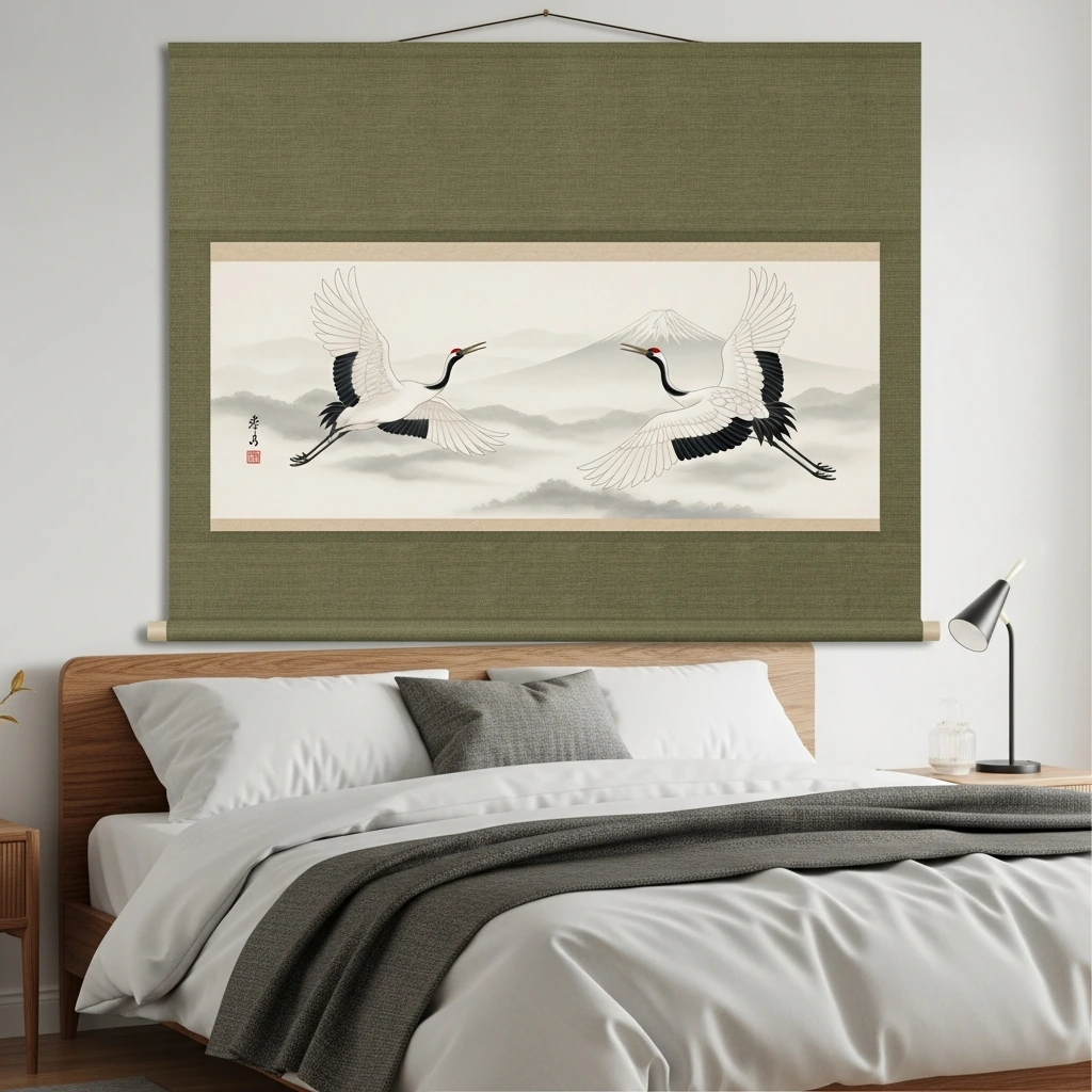 A 'Kakejiku' wall scroll hangs above the bed, featuring a sumi-e ink wash painting of two cranes in mid-flight against a misty, ethereal background with the faint silhouette of Mount Fuji. The artwork is mounted on a muted, moss-green silk brocade with a subtle woven pattern. The scroll's rollers are made of polished, dark rosewood with small, intricately carved bone end caps.
