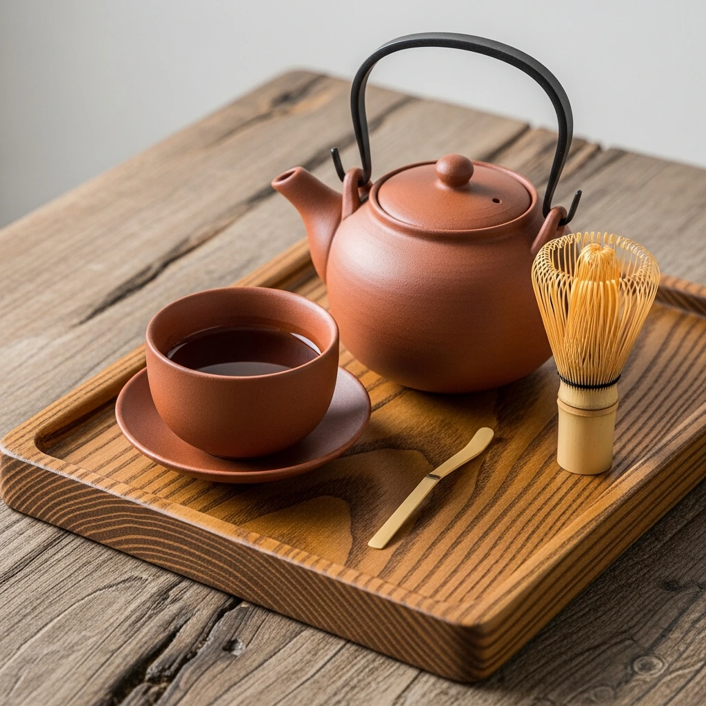 On a low, rectangular tray of reclaimed elm wood sits a traditional Japanese tea set for two. The set includes a small, side-handled 'kyusu' teapot and two handleless 'yunomi' cups, all handcrafted from stoneware clay. They feature a Shino-style glaze that ranges from milky white to fiery orange, with a subtle crackle effect and an uneven texture that is pleasant to the touch.