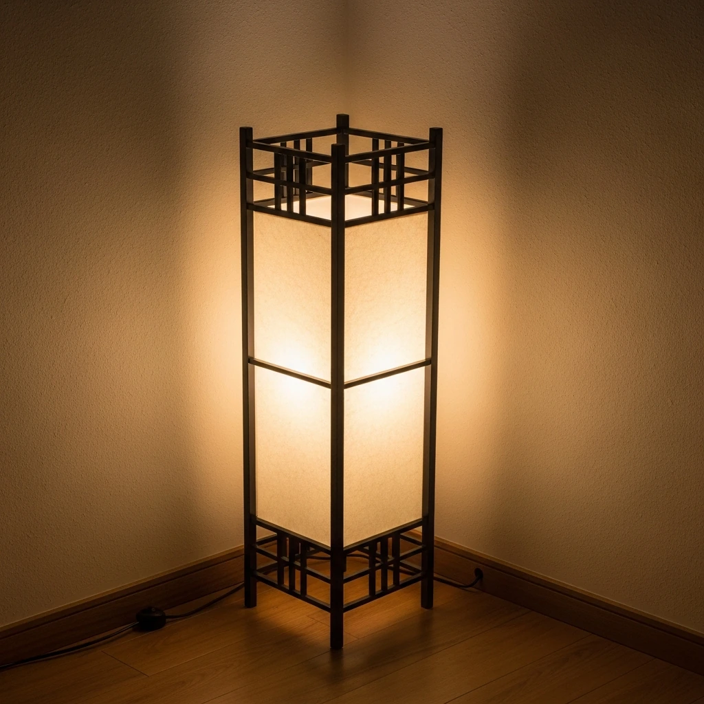 In a corner, a tall, slender 'andon' lantern-style floor lamp casts a warm, inviting glow. Its cuboid frame is constructed from black-lacquered bamboo in a simple grid pattern. The shade is made from durable, cream-colored washi paper, which diffuses the light into a serene, ambient radiance, creating a perfect, tranquil nook for quiet moments.