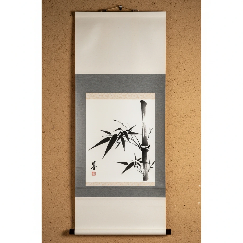 A minimalist hanging scroll (kakejiku) made from textured, off-white washi paper. The artwork is a single, expressive sumi ink brushstroke depicting a bamboo stalk and a few leaves, with varying shades of black and grey. The scroll is mounted on a simple, dark grey silk border and has a slender, polished dark wood dowel at the top and bottom. It hangs against a neutral, earth-toned clay wall, catching the soft, diffused light from a nearby window.