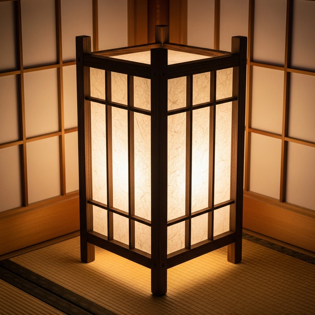 A traditional Japanese andon lamp placed on the floor in a corner. The frame is crafted from dark, unvarnished hinoki wood in a simple grid pattern. The panels are made of translucent, fibrous washi paper, which emits a warm, soft, and inviting glow from an internal light source. The light highlights the natural texture of the paper and casts gentle, geometric shadows on the tatami mat floor and adjacent shoji screen.