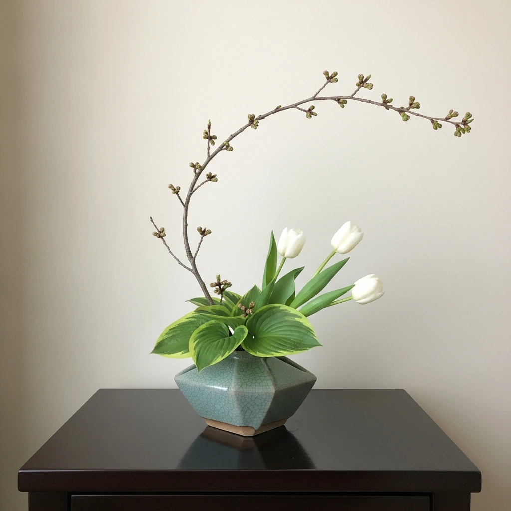 A classic Ikebana flower arrangement in an asymmetrical, low-profile ceramic vase with a cracked celadon glaze. The arrangement features a single, dramatic branch of a budding cherry blossom arching upwards, contrasted by a cluster of vibrant green hosta leaves at the base and three perfectly placed white tulips. The composition emphasizes negative space and natural lines, sitting on a low, dark lacquered bedside table.