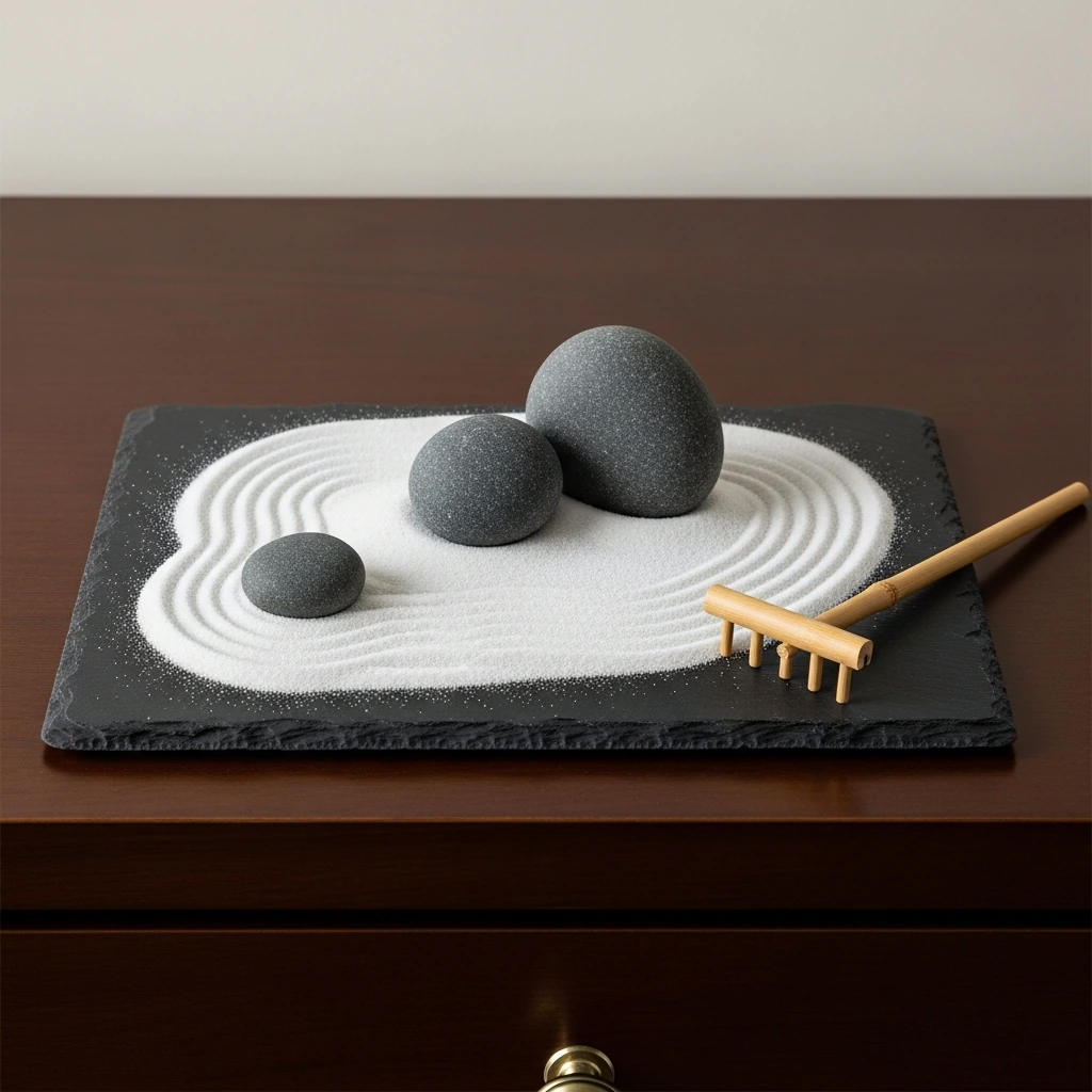 A small, personal Zen garden set within a shallow, rectangular, dark slate tray on a dresser. Fine, white sand is meticulously raked into a pattern of flowing parallel lines, evoking water. Three smooth, dark grey river stones of varying sizes are placed thoughtfully within the sand, creating a sense of balance and tranquility. A tiny, handmade bamboo rake rests beside the tray.