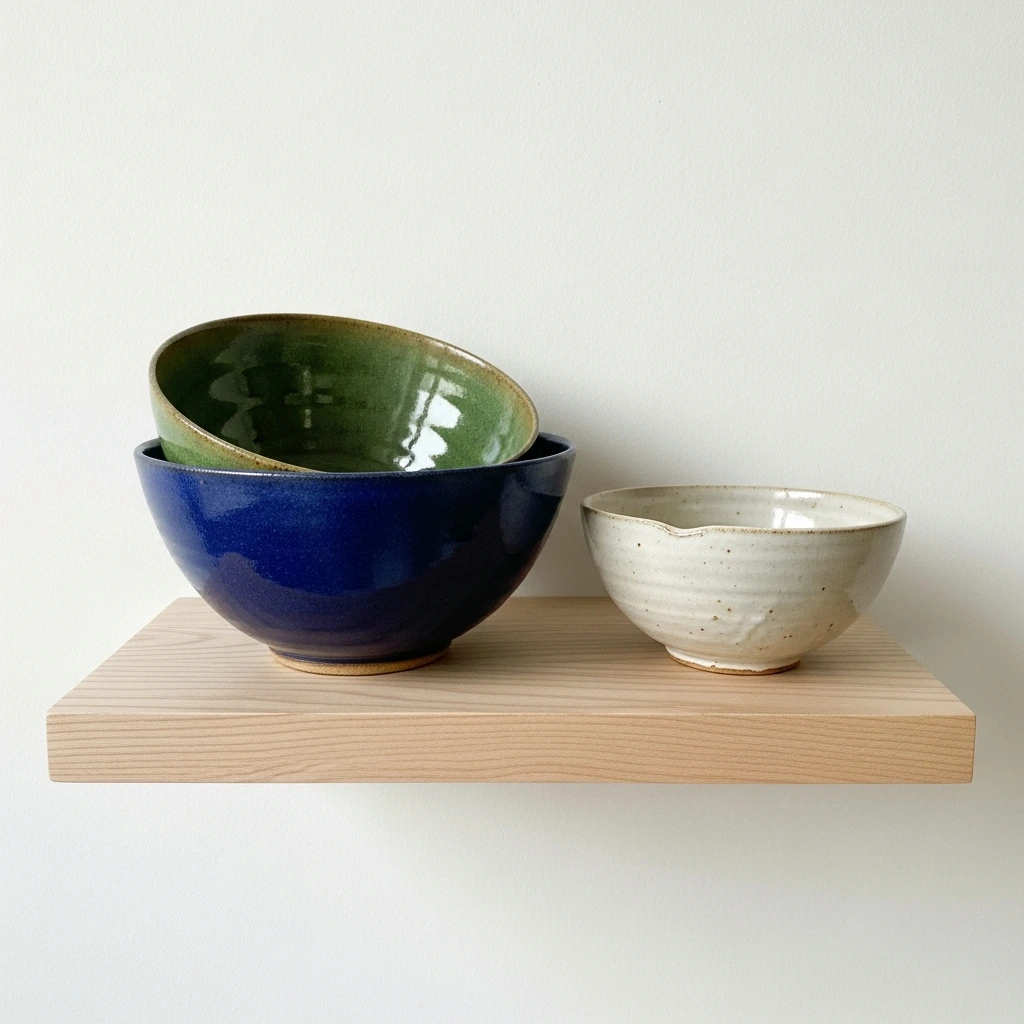 A set of three nesting ceramic bowls displayed on a floating shelf made of light-colored maple wood. Each bowl is unique, handcrafted with a rustic, wabi-sabi aesthetic. The largest bowl has a deep indigo glaze, the middle one a mossy green, and the smallest a simple cream color with subtle imperfections and a slightly uneven rim. They are arranged in a slightly overlapping, casual manner.