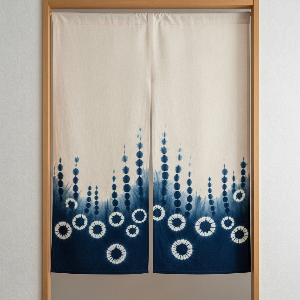A decorative Noren curtain hanging in the doorway of the guest room. The curtain is made of thick, natural-colored linen, split in the middle for easy passage. It is hand-dyed using the shibori technique, featuring a simple, elegant pattern of cascading indigo blue circles on the bottom half. The fabric is light enough to sway gently with any subtle breeze.