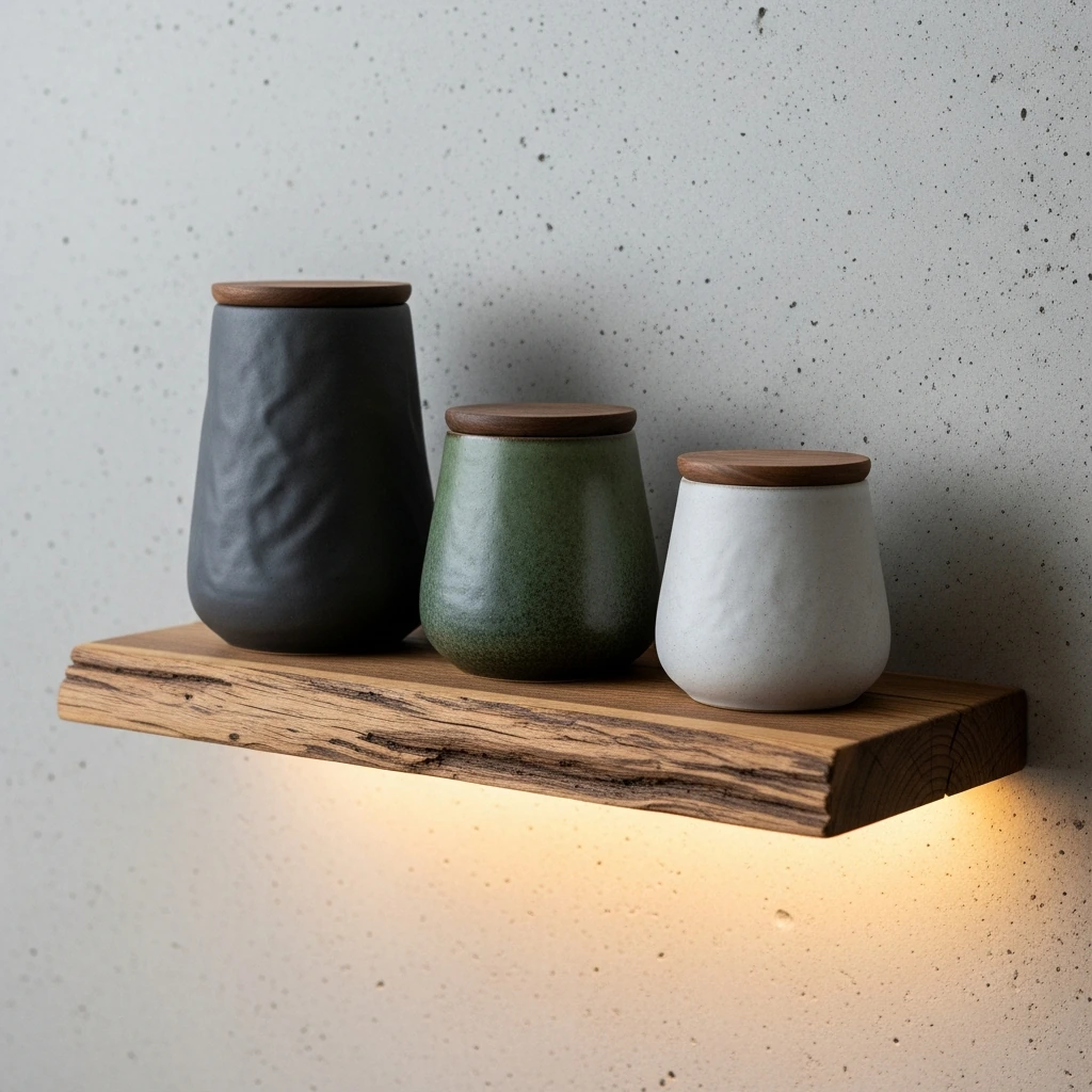 A set of three wabi-sabi style ceramic canisters on a floating shelf made of reclaimed hinoki wood. Each canister has a slightly different shape and height, with a textured, matte glaze in earthy tones of charcoal, moss green, and stone white. The lids are simple, dark-grained walnut. The arrangement sits against a smooth, light grey concrete wall, illuminated by a warm, diffused light from a concealed LED strip under the shelf.