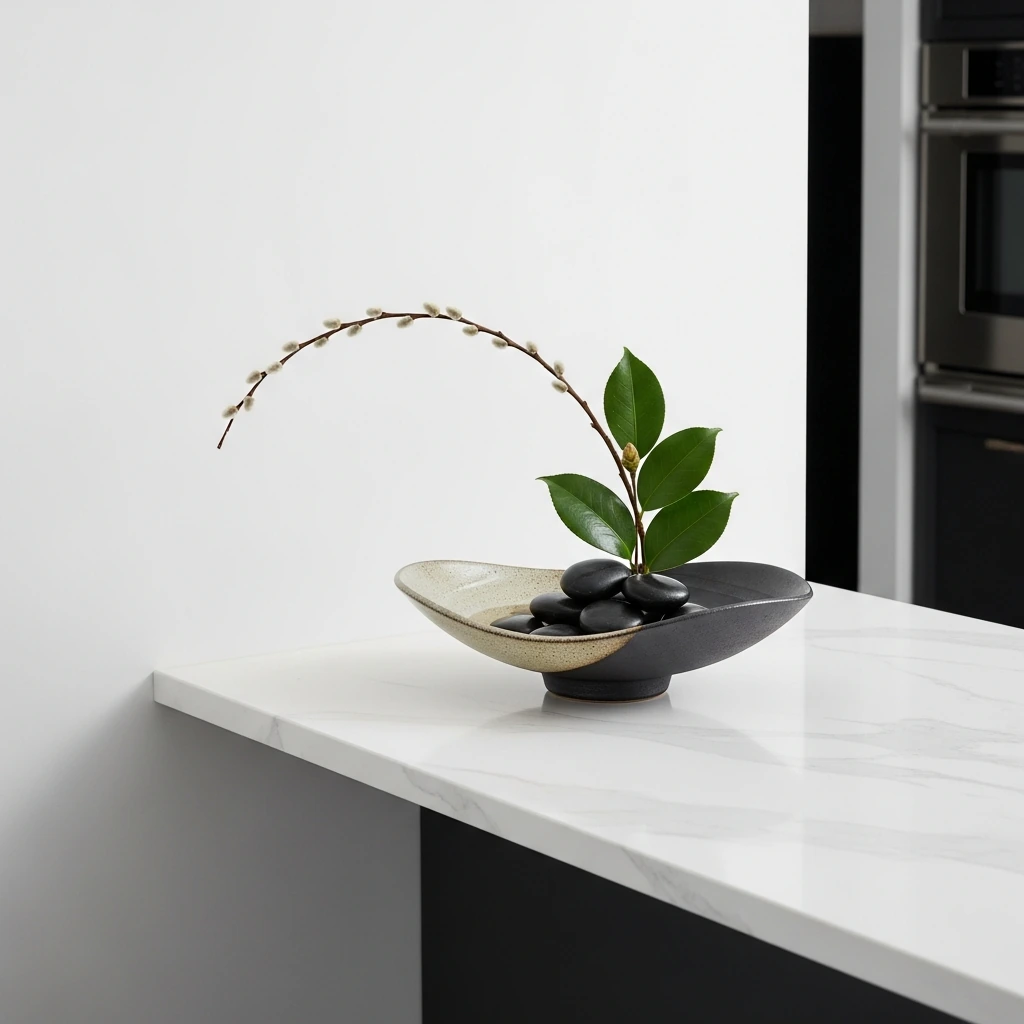 A small, elegant ikebana arrangement placed on the corner of a kitchen island. A low, wide, asymmetrical ceramic bowl with a dark, unglazed finish holds a single, gracefully arching branch of pussy willow, three deep green camellia leaves, and a cluster of smooth, black river stones. The composition emphasizes negative space, bringing a sense of tranquil, organic beauty to the sleek countertop.