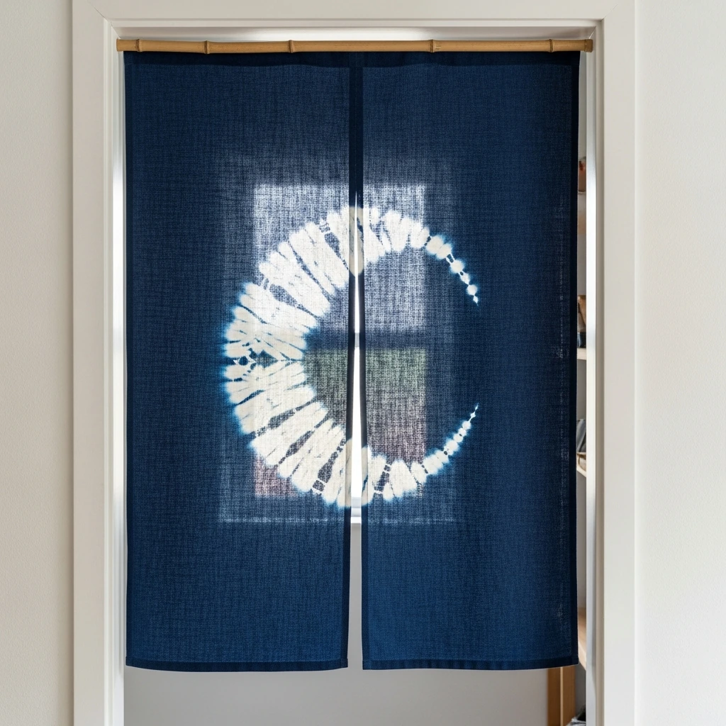 A traditional 'noren' curtain made of heavy, indigo-dyed linen hanging in a pantry doorway. The fabric is a deep, rich blue with a simple, white resist-dye shibori pattern of a crescent moon at the bottom. The curtain is split vertically in the center and is suspended from a smooth, dark bamboo pole, creating a soft, textural division of space.