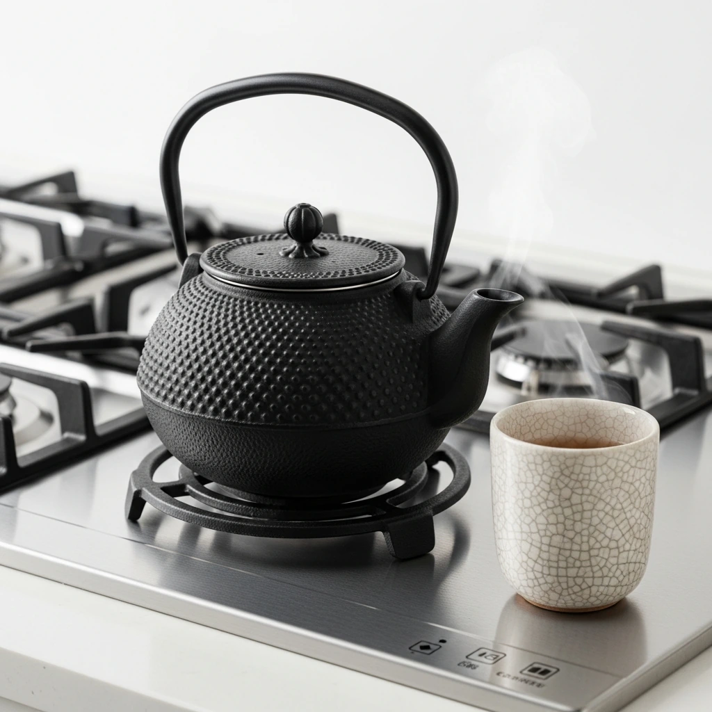 A handcrafted cast iron 'tetsubin' teapot with a classic hobnail 'arare' pattern, resting on a simple, round iron trivet beside the stove. Its matte black, textured surface contrasts with the smooth stainless steel of the modern cooktop. A gentle wisp of steam escapes its spout, and next to it sits a single, handleless ceramic 'yunomi' teacup with a subtle crackle glaze.