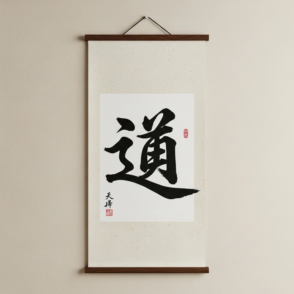 A minimalist wall hanging featuring a single, expressive calligraphy stroke representing 'enlightenment' (悟) brushed in black 'sumi' ink on textured, off-white 'washi' paper. The artwork is mounted as a simple scroll with plain, dark wood dowels at the top and bottom, hanging on a clean, beige-colored wall, providing a focal point of quiet contemplation.