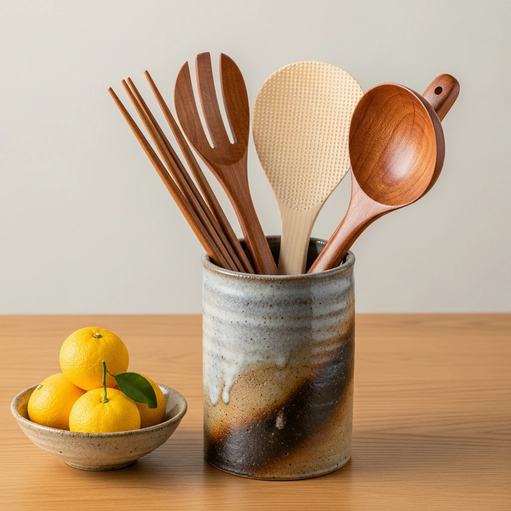 A collection of handcrafted wooden utensils—long cooking chopsticks, a wide rice paddle, and a ladle—made from cherry and maple wood. They are displayed in a tall, cylindrical Shigaraki-ware ceramic holder. The holder has a rough, earthy texture with a natural ash glaze, and is placed on a light oak countertop next to a bowl of fresh yuzu fruits.