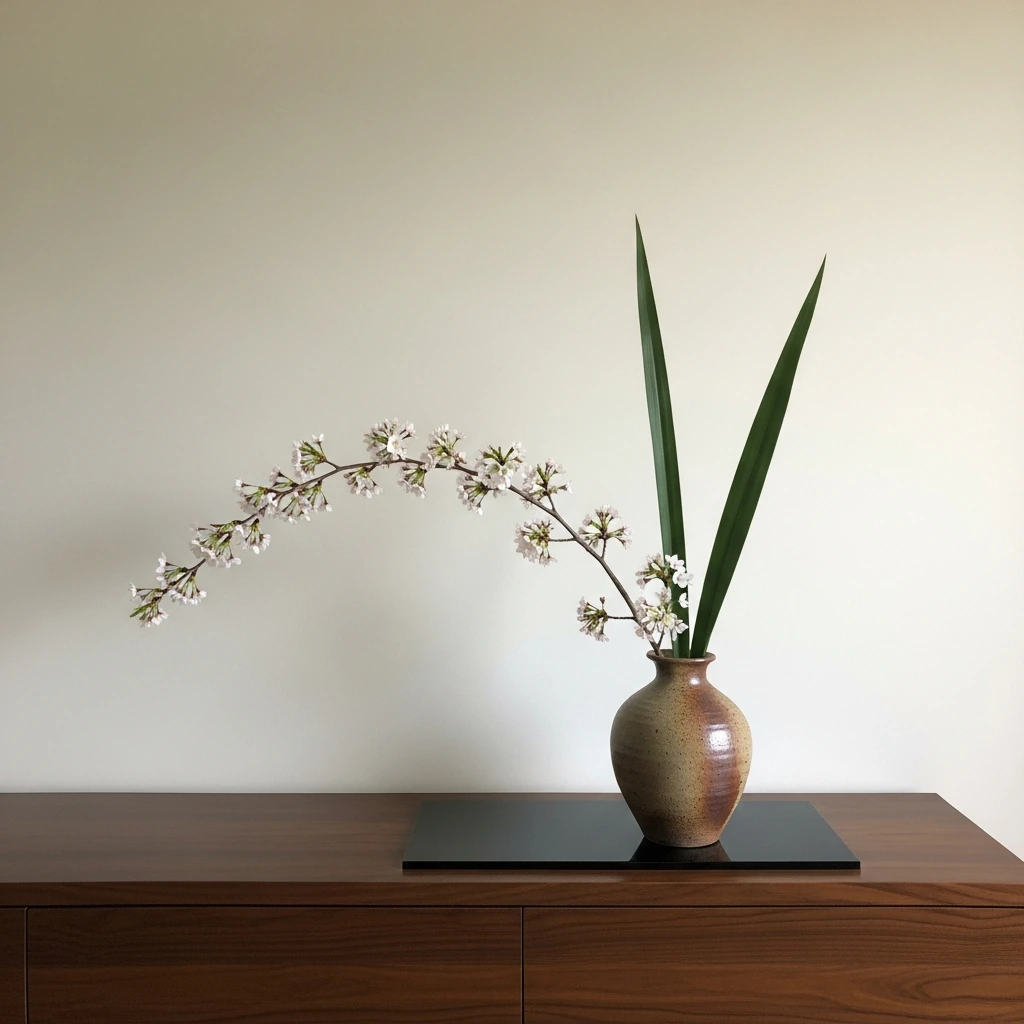 A minimalist ikebana arrangement on a low, dark-wood console. The arrangement consists of a single, gracefully arching branch of white cherry blossoms and two sharp, dark green aspidistra leaves. They are placed in an asymmetric, rough-textured, earth-toned ceramic vase that rests slightly off-center on the console.