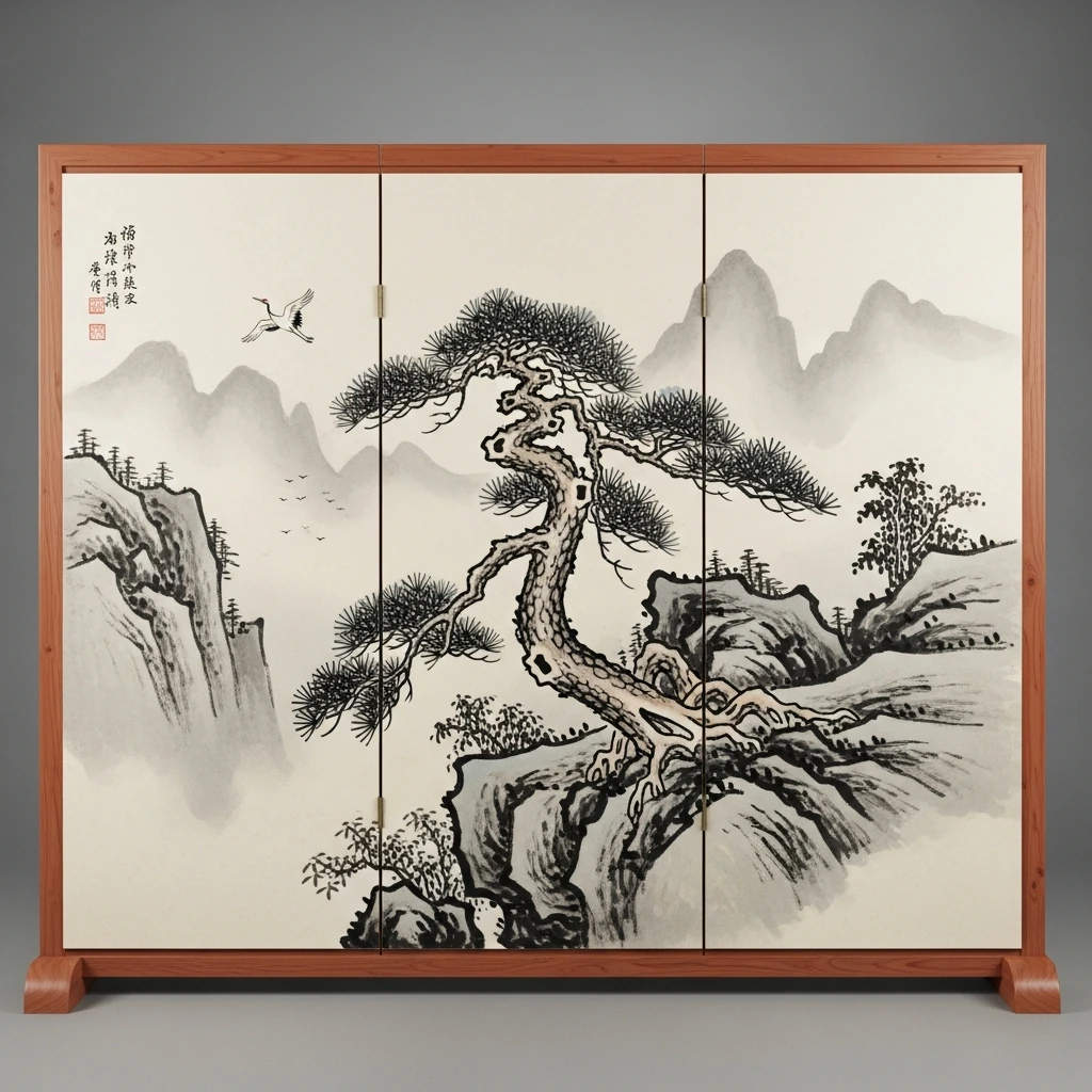 A four-panel byobu folding screen made of handcrafted cedar wood and delicate washi paper. The screen is hand-painted with a continuous, serene sumi-e ink landscape of misty mountains and a single, ancient pine tree clinging to a cliffside. It is positioned to create a subtle division in the room, with soft light filtering through the translucent panels.